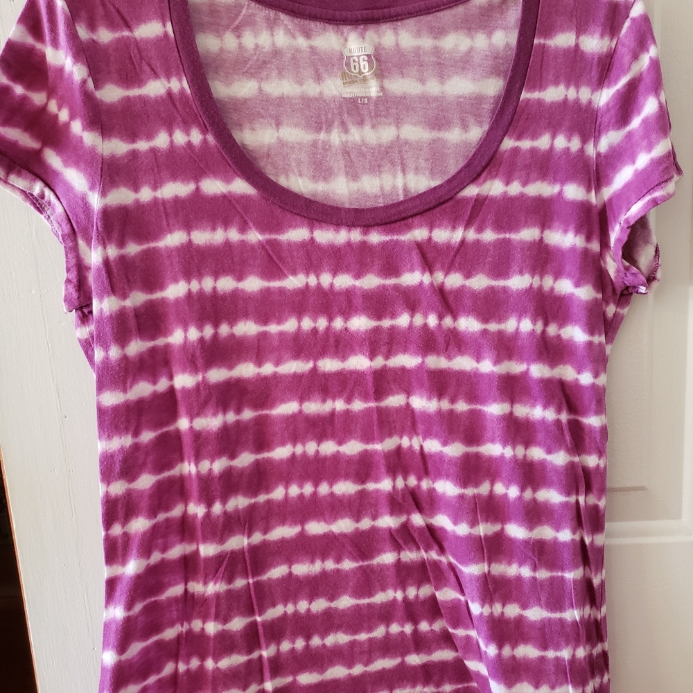 Ladies cotton comfy tshirt route 66 purple/white tye dye style stripes Size L